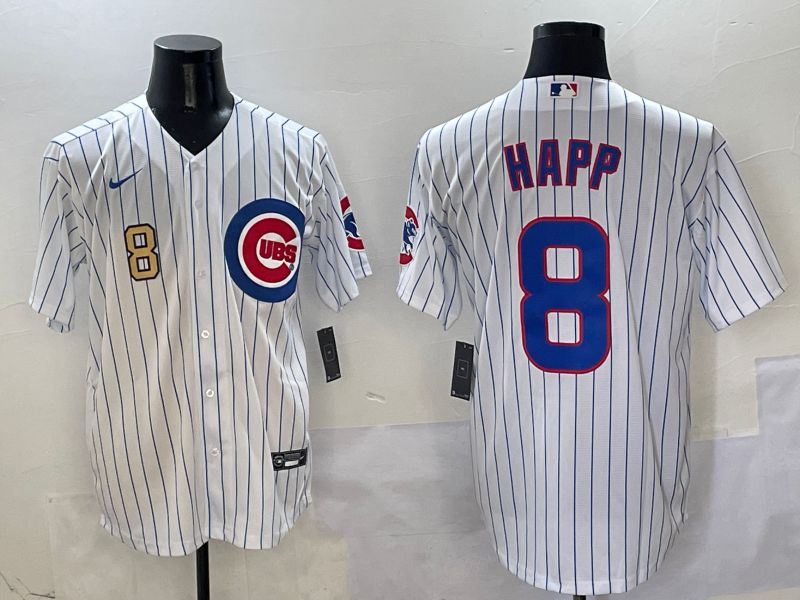 Men Chicago Cubs #8 Happ White Stripe Game Nike 2025 MLB Jersey style 2